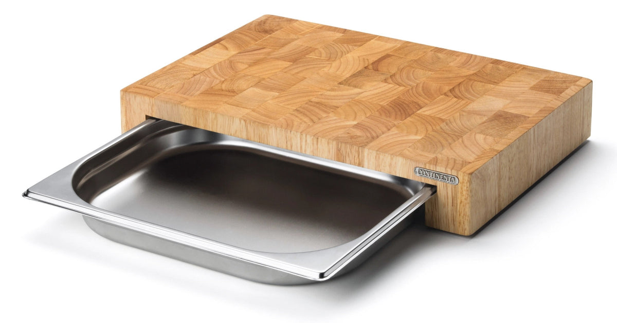 Stirnholz Schneidebrett m. Edelstahl Schublade, 48x32.5x6 cm in Braun präsentiert im Onlineshop von KAQTU Design AG. Schneidbrett ist von Continenta