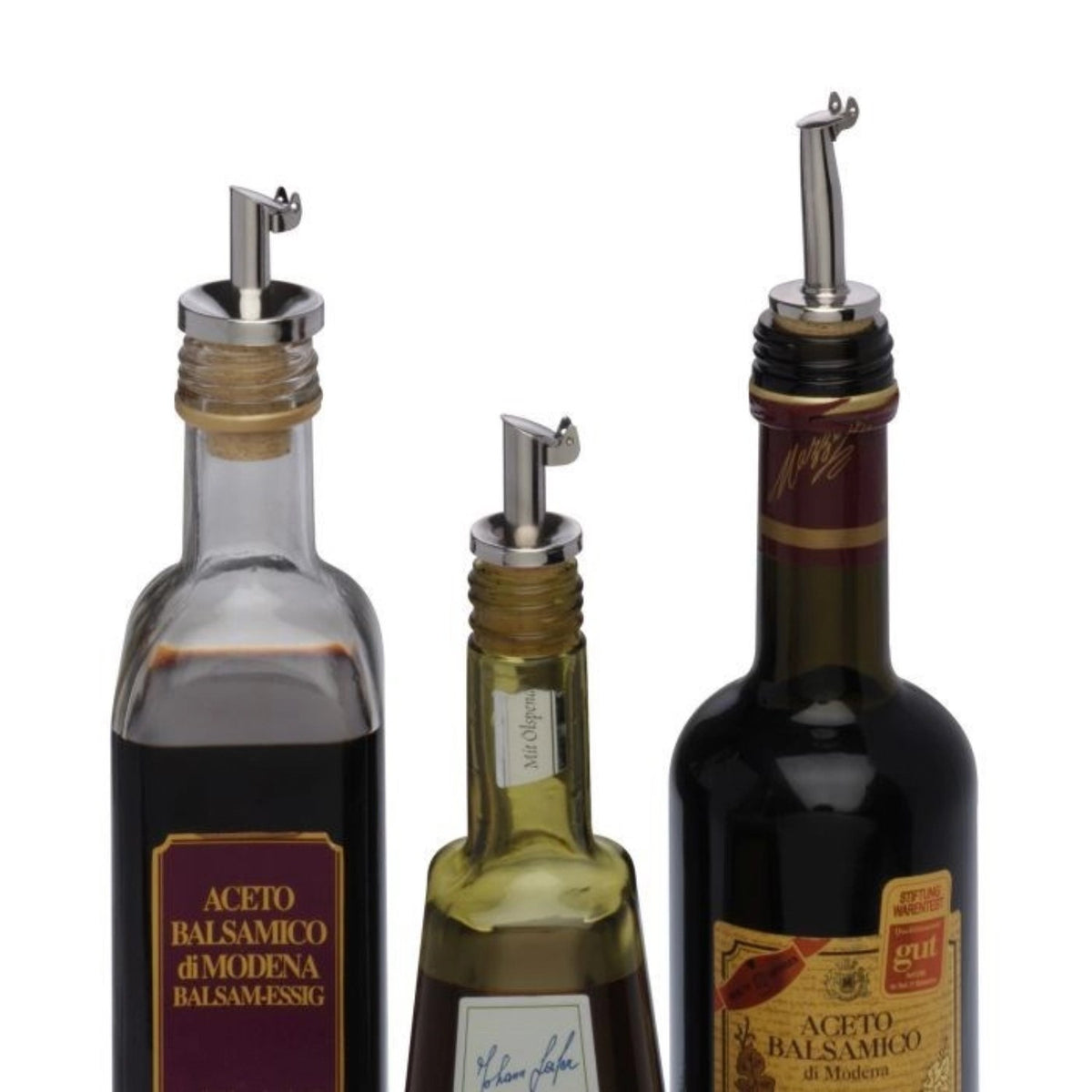 Display mit 12 Oel- und Essigausgiessern aus Kork mit Käppchen in Silber, kompakte Ausgiesser für Flaschen, Westmark Barzubehör.