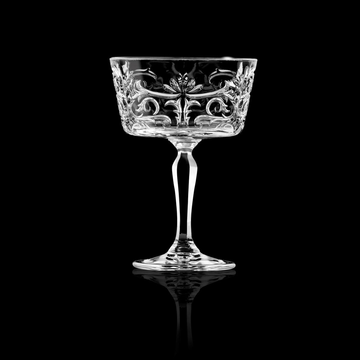 6er Set Champagnerkelche Tattoo Coppe von RCR aus transparentem Glas, schlanke Form, Höhe 14 cm, Durchmesser 10 cm, Fassungsvermögen 27 cl.