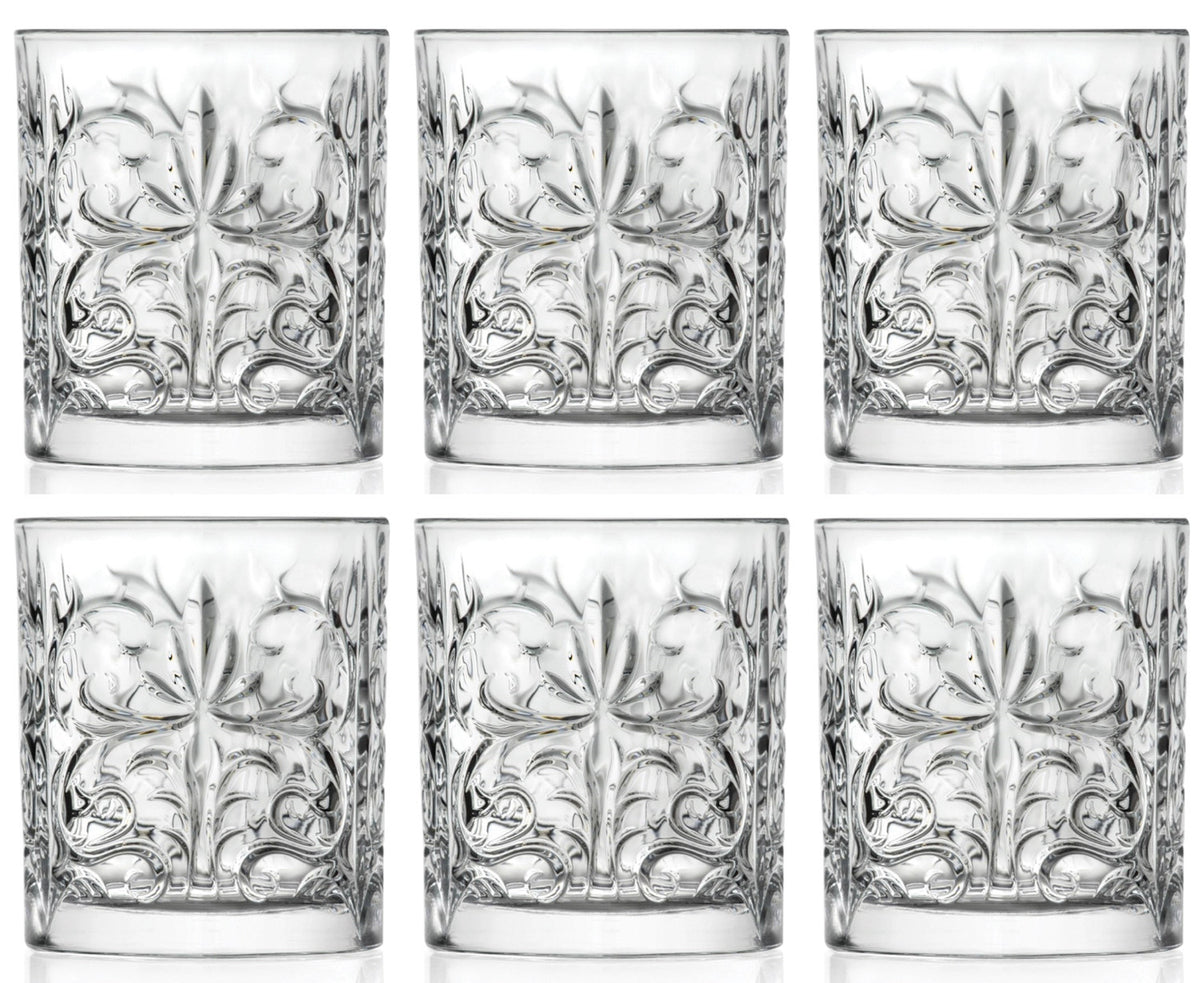6er Set Tattoo Dof Becher von RCR aus transparentem Glas, zylindrische Form, Ø8.2 cm, Höhe 9.4 cm, Fassungsvermögen 34 cl, auf hellem Hintergrund.