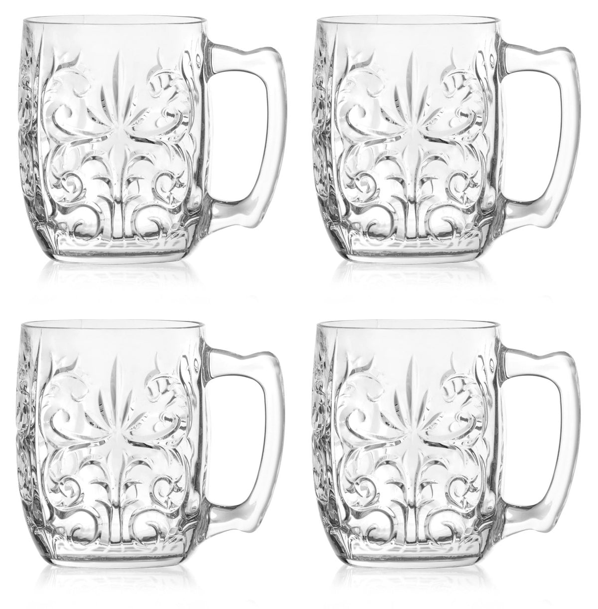 Vier transparente Biergläser aus Glas der Tattoo Mule Serie von RCR, zylindrische Form, Durchmesser 8.4 cm, Höhe 11.1 cm, Fassungsvermögen 42 cl