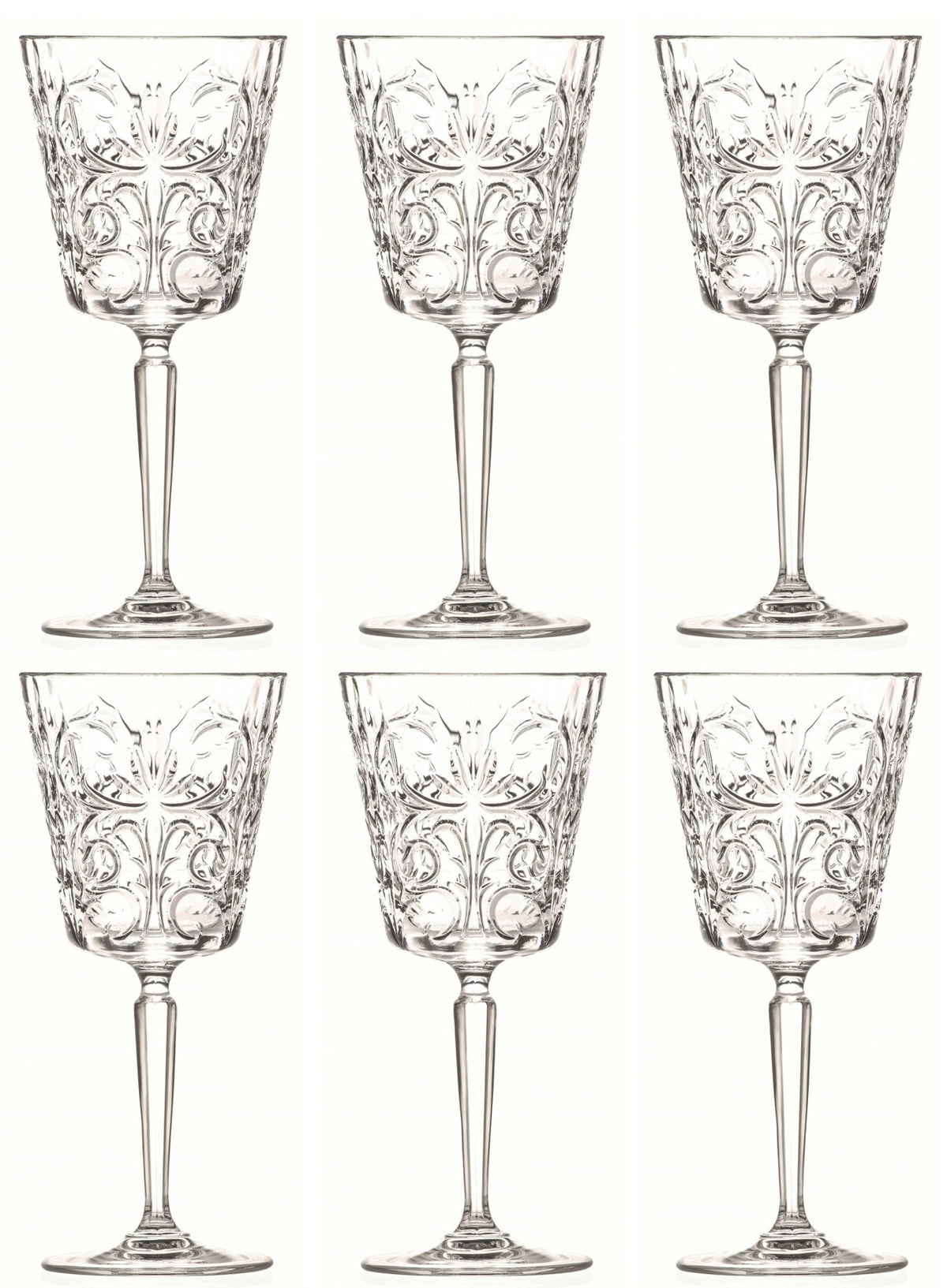 Sechs transparente Weingläser aus Glas der Serie Tattoo von RCR, klassische Kelchform, Höhe 19.4 cm, Durchmesser 8.8 cm, 29 cl Fassungsvermögen.