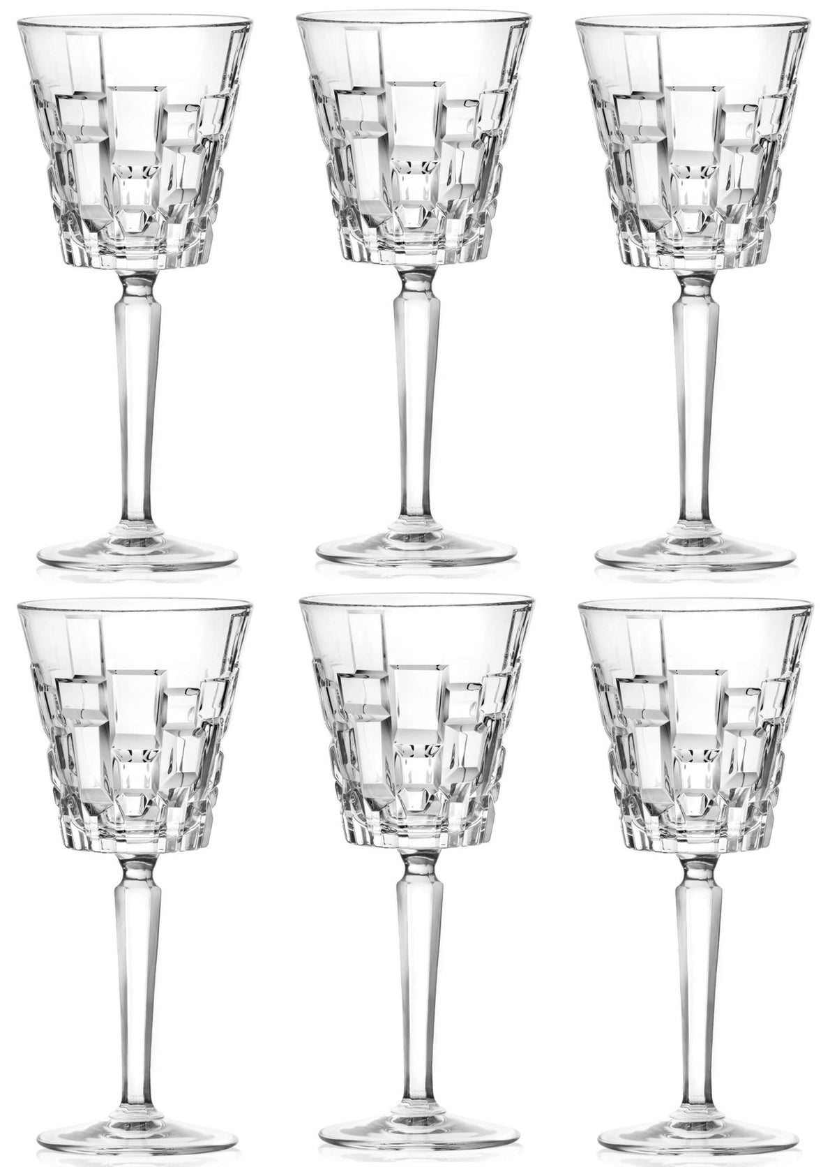 Sechs transparente Weingläser der Serie Etna von RCR aus Glas, Durchmesser 8.7 cm, Höhe 19.3 cm, Fassungsvermögen 28 cl, auf hellem Hintergrund arrangiert.