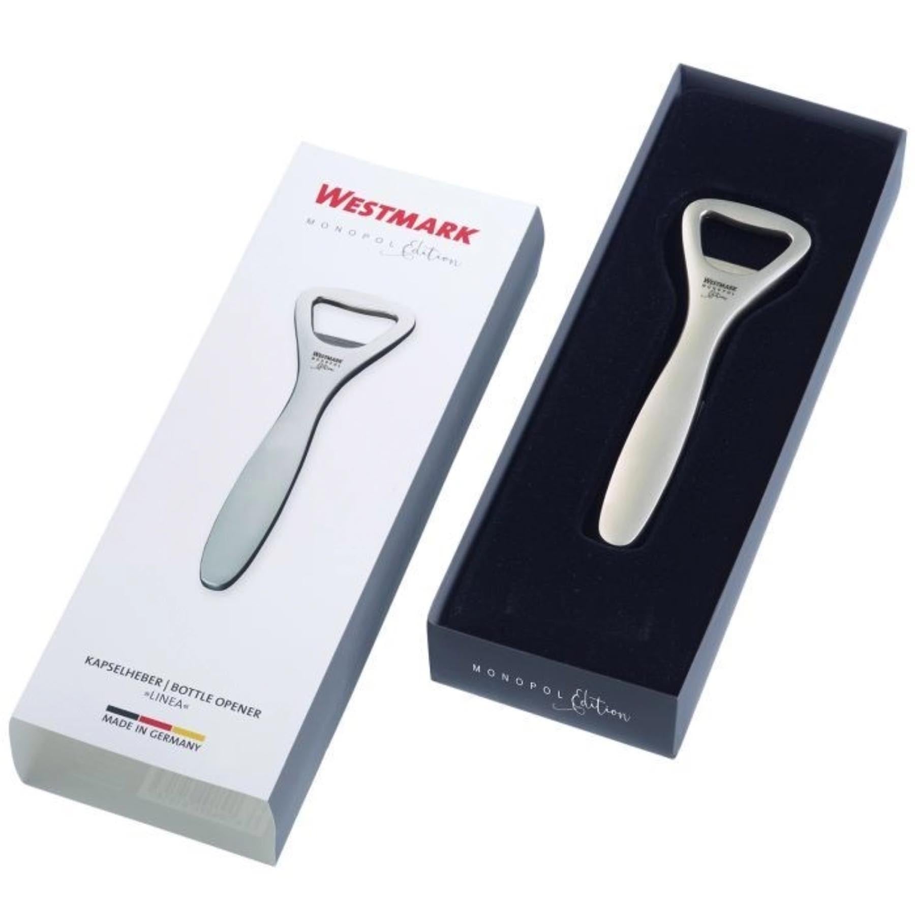 Praktischer Kapselheber Linea in edelmattem Design, perfekt zum mühelosen Öffnen von Flaschen. Maße: 14x4.5x0.5cm, ideal für jede Küche.