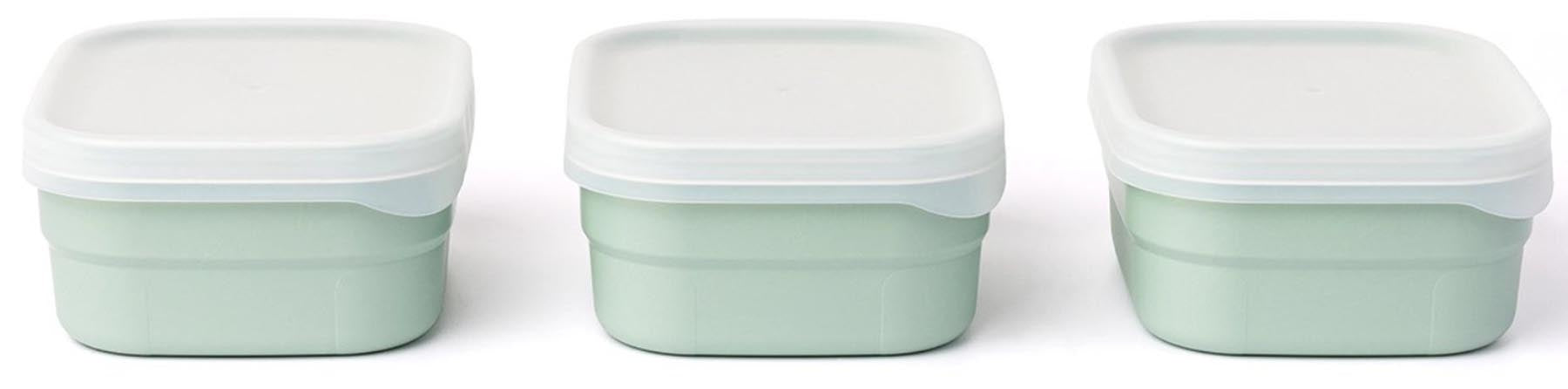 Set aus drei grünen Optifridge Behältern (400ml) aus umweltfreundlichem Material, ideal für die praktische und nachhaltige Lagerung von Lebensmitteln.