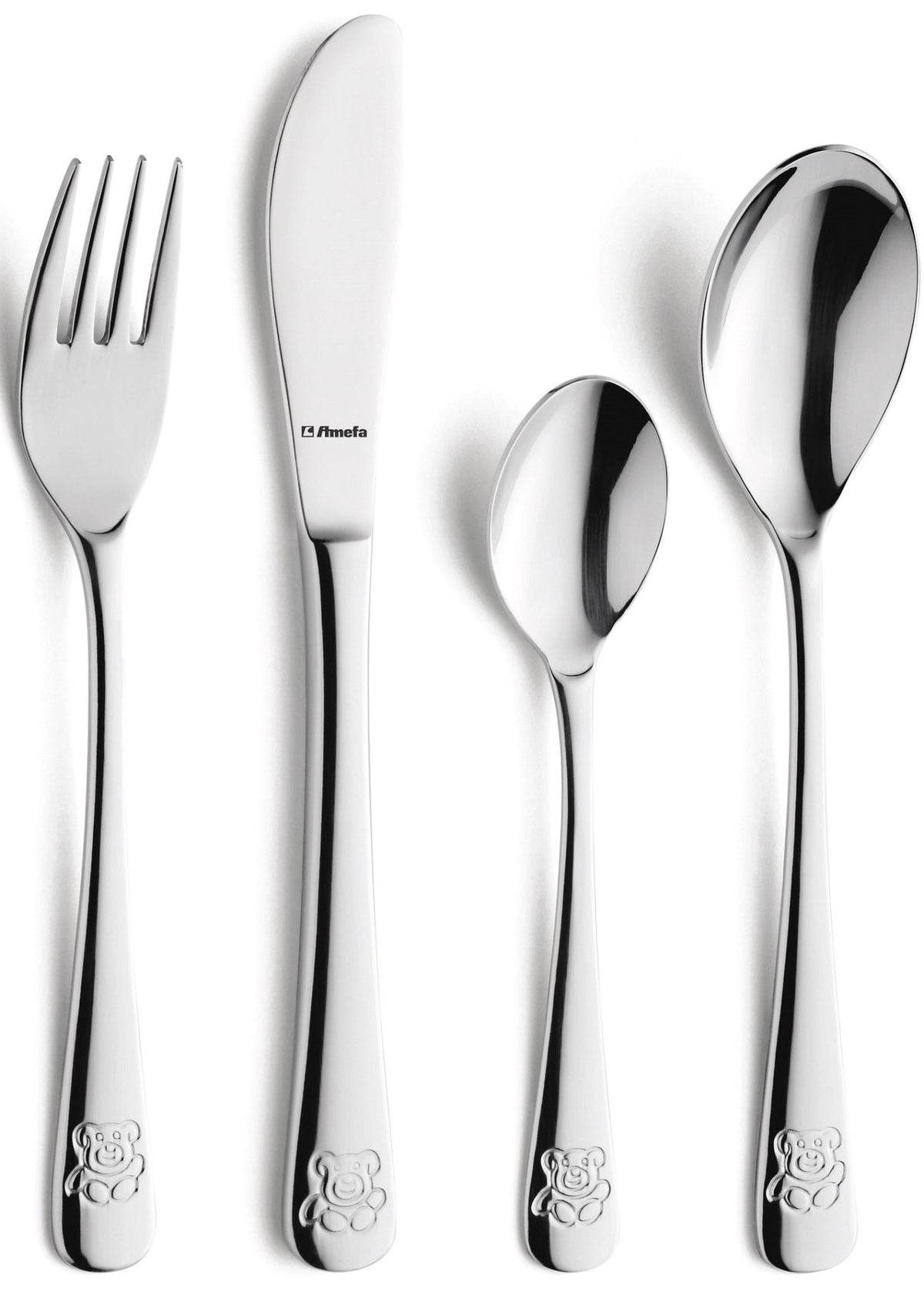 Teddy Bear 4-tlg. Kinderbesteck hochglänzend in Silber präsentiert im Onlineshop von KAQTU Design AG. Besteck ist von Amefa