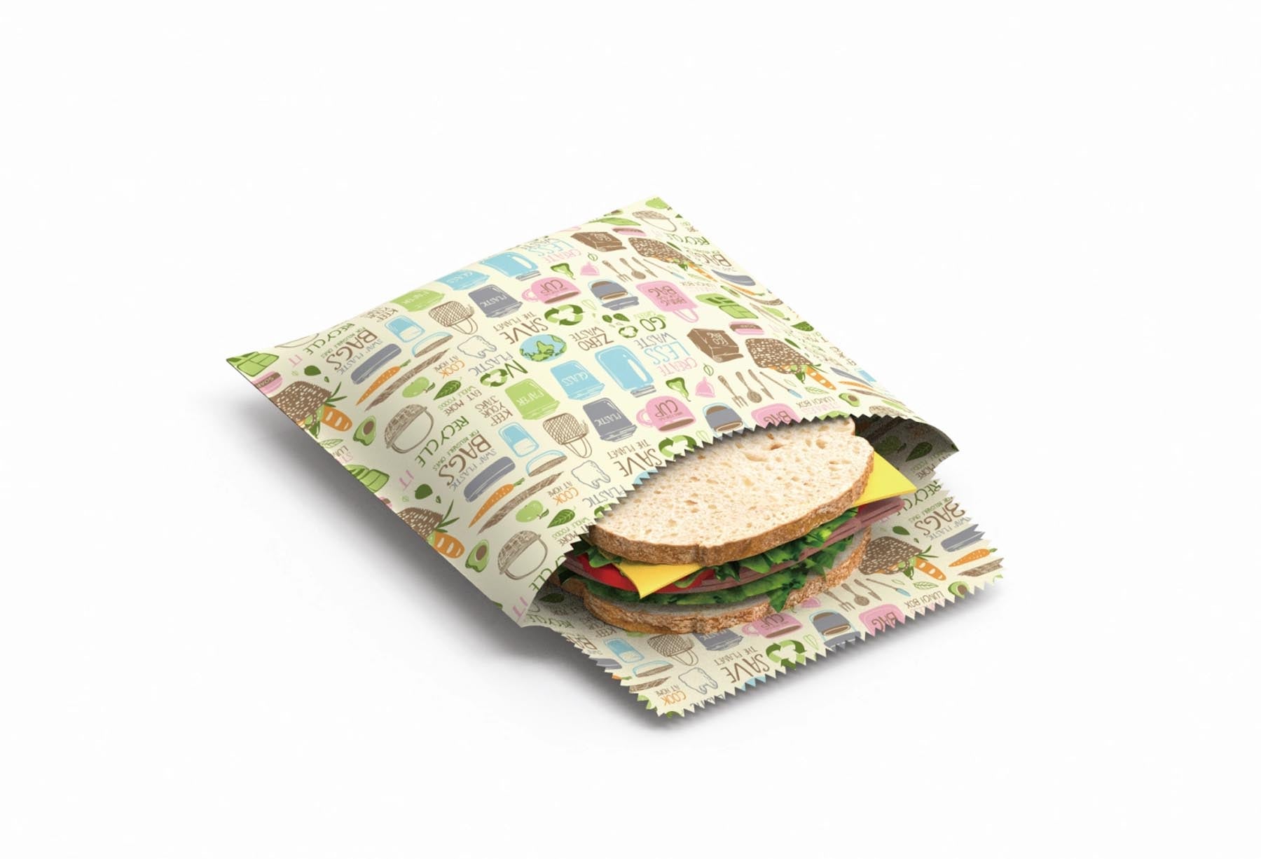 Zwei wiederverwendbare Bienenwachsbeutel in verschiedenen Größen, ideal für Sandwiches und Snacks, umweltfreundlich und stilvoll.