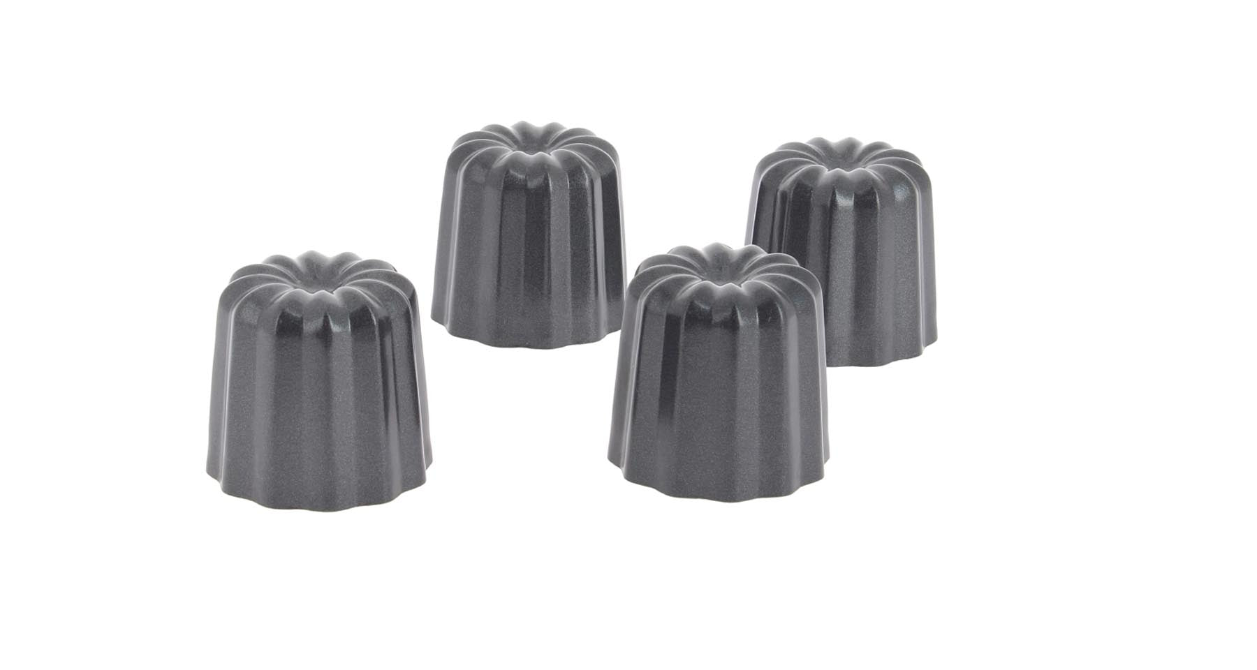 Elegantes 4er Set Cannelés Kuchenformen aus hochwertigem Material von de Buyer, ideal für perfekte Gugelhopfs und kreative Backideen.