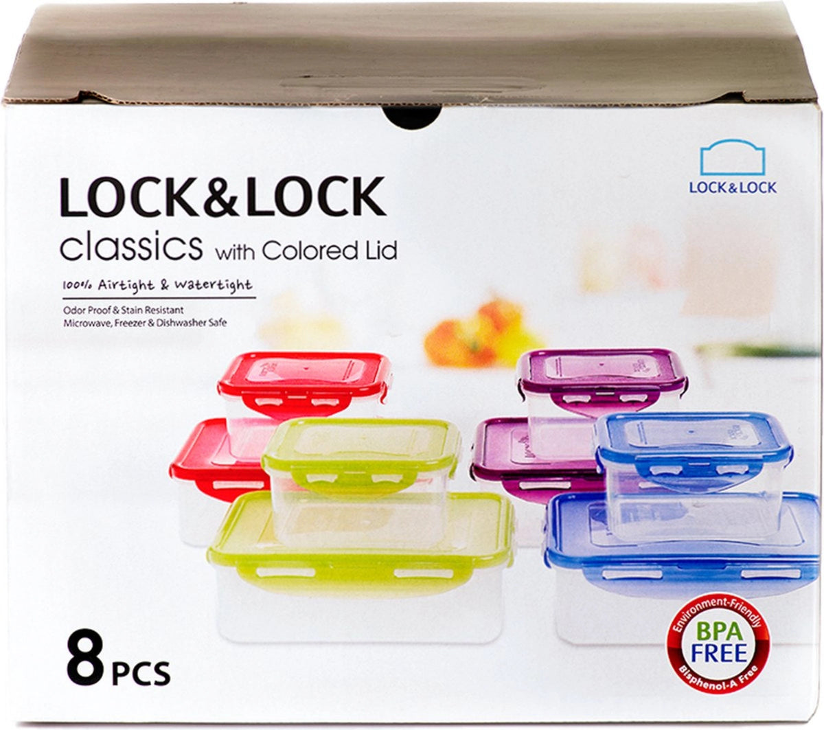 Set aus acht Aufbewahrungsdosen von Lock&Lock mit mehrfarbigen Deckeln