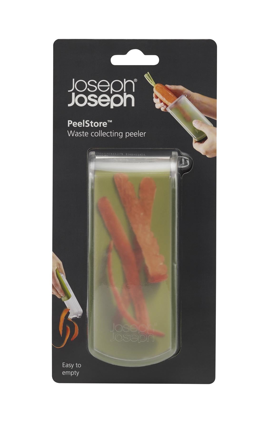 Praktischer Joseph Joseph PeelStore Schäler mit integrierter Abfallschale für müheloses Schälen und sauberes Arbeiten in der Küche.