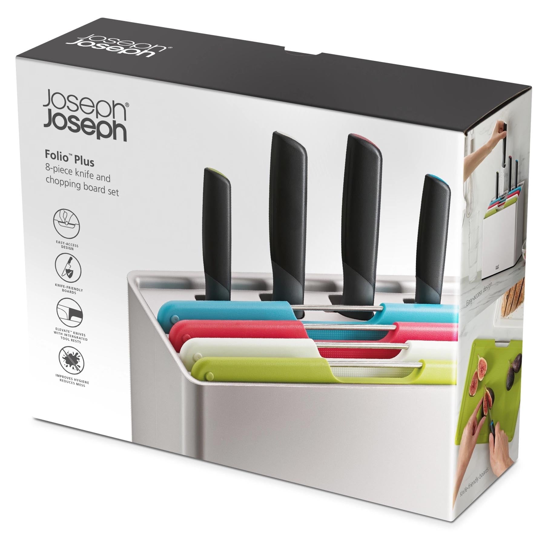Vielseitiges 8-teiliges Set mit bunten Messern und Schneidebrettern von Joseph Joseph, ideal für kreative Küchenarbeiten und fröhliches Kochen.