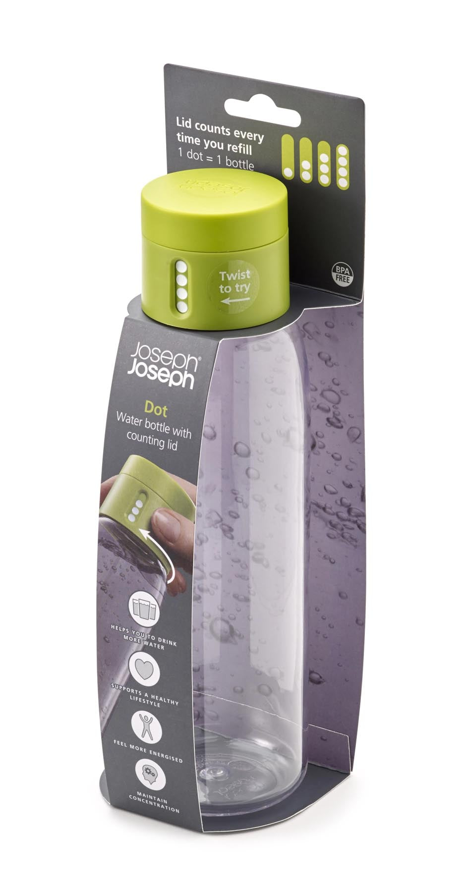 Moderne, grüne Trinkflasche von Joseph Joseph, 600 ml, aus transparentem Material, perfekt für umweltbewusste Hydration unterwegs.