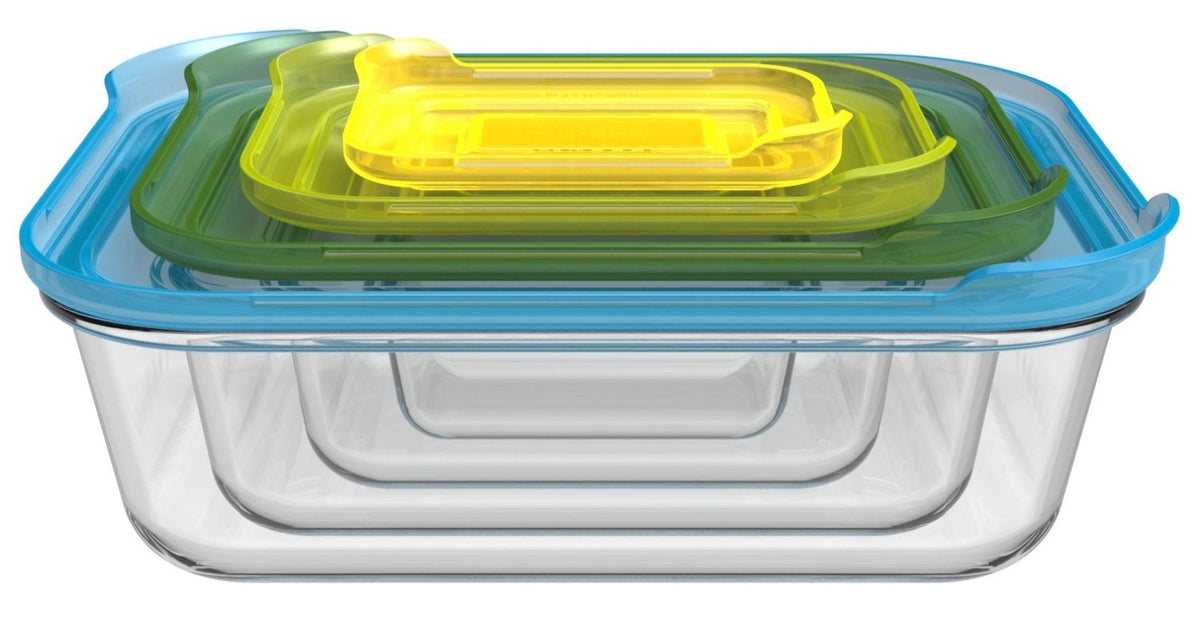 Nest Glas Vorratsbehälter 4-tlg., 0.13 0.55 1.3 2.5L in Mehrfarbig präsentiert im Onlineshop von KAQTU Design AG. Aufbewahrungsdose ist von Joseph Joseph