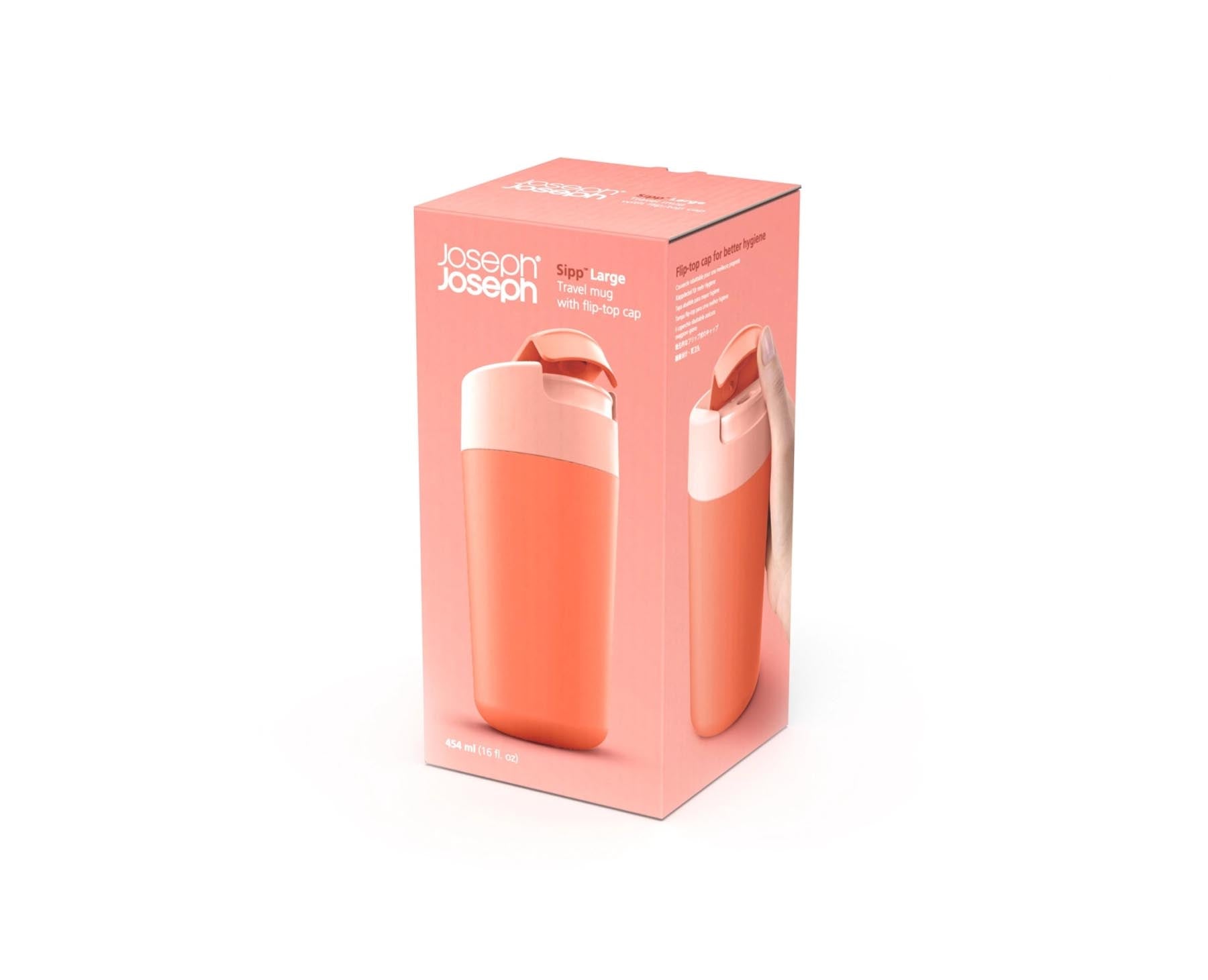 Stylischer Sipp Reisebecher in strahlendem Koralle, perfekt für unterwegs. Mit innovativem Klappdeckel für müheloses Trinken und 454ml Fassungsvermögen.