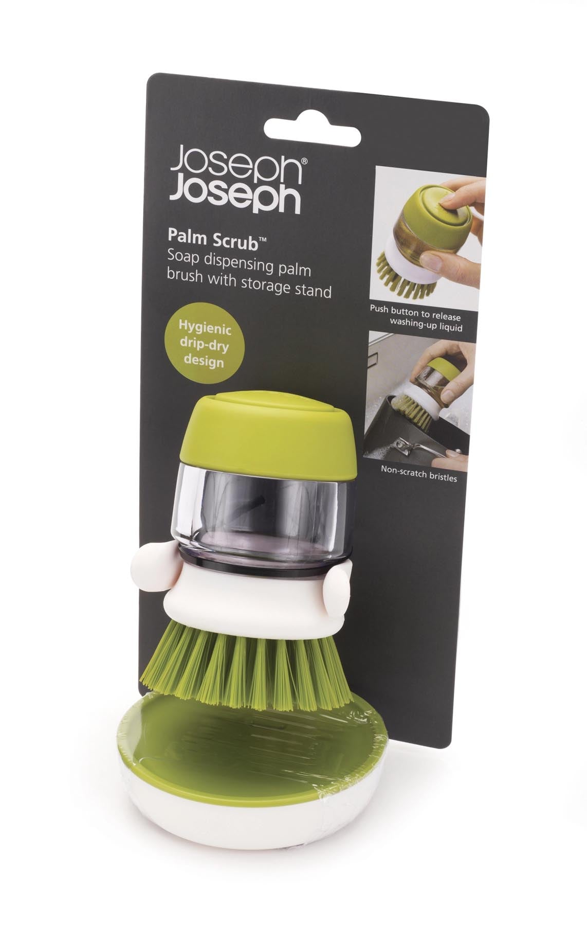Stylische grüne PalmScrub Reinigungsbürste von Joseph Joseph, perfekt für müheloses Geschirrspülen und gründliche Küchenreinigung.
