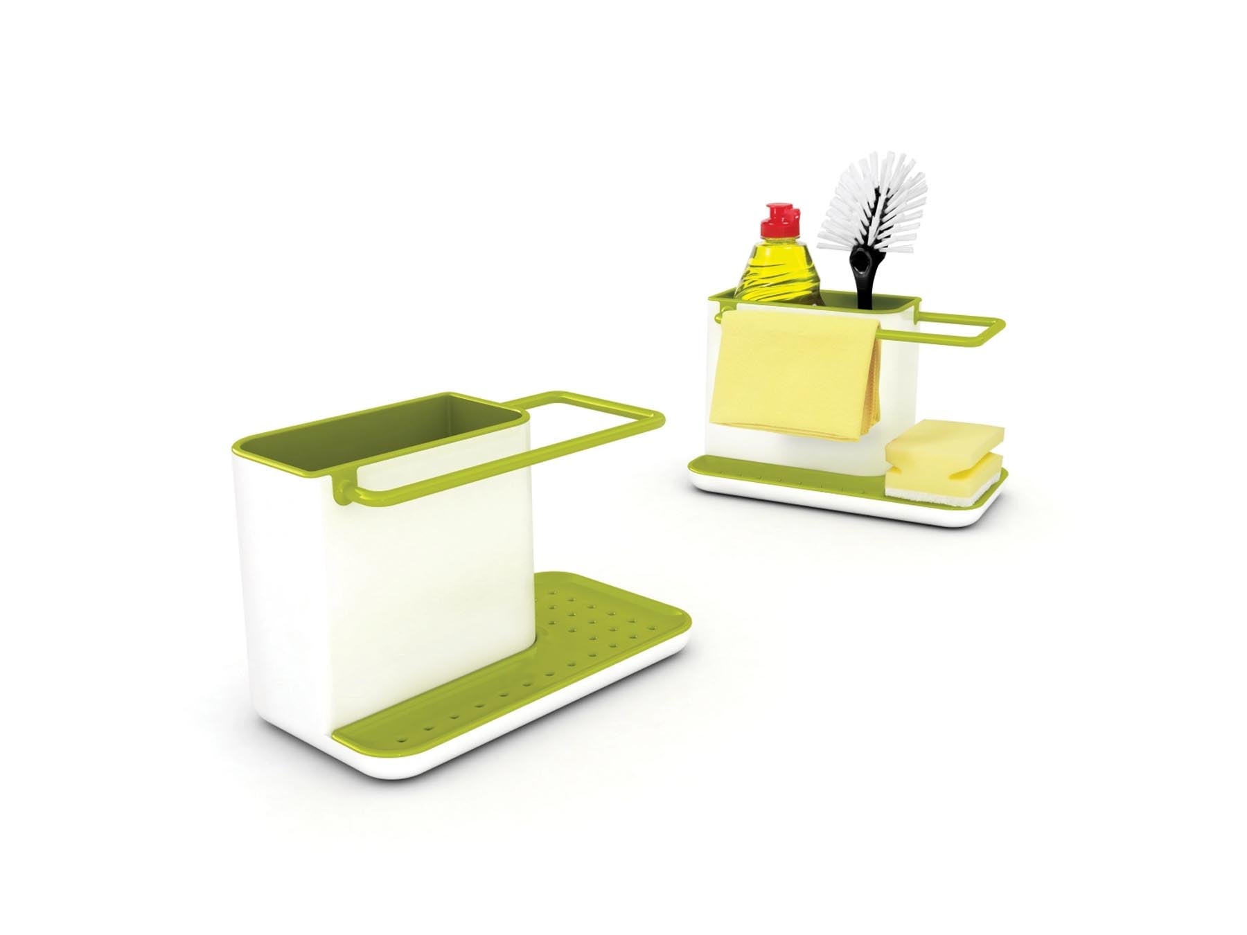 Eleganter Sink Caddy in frischem Grün und Weiß, perfekt zur ordentlichen Aufbewahrung von Geschirrspülzubehör und Küchenutensilien.