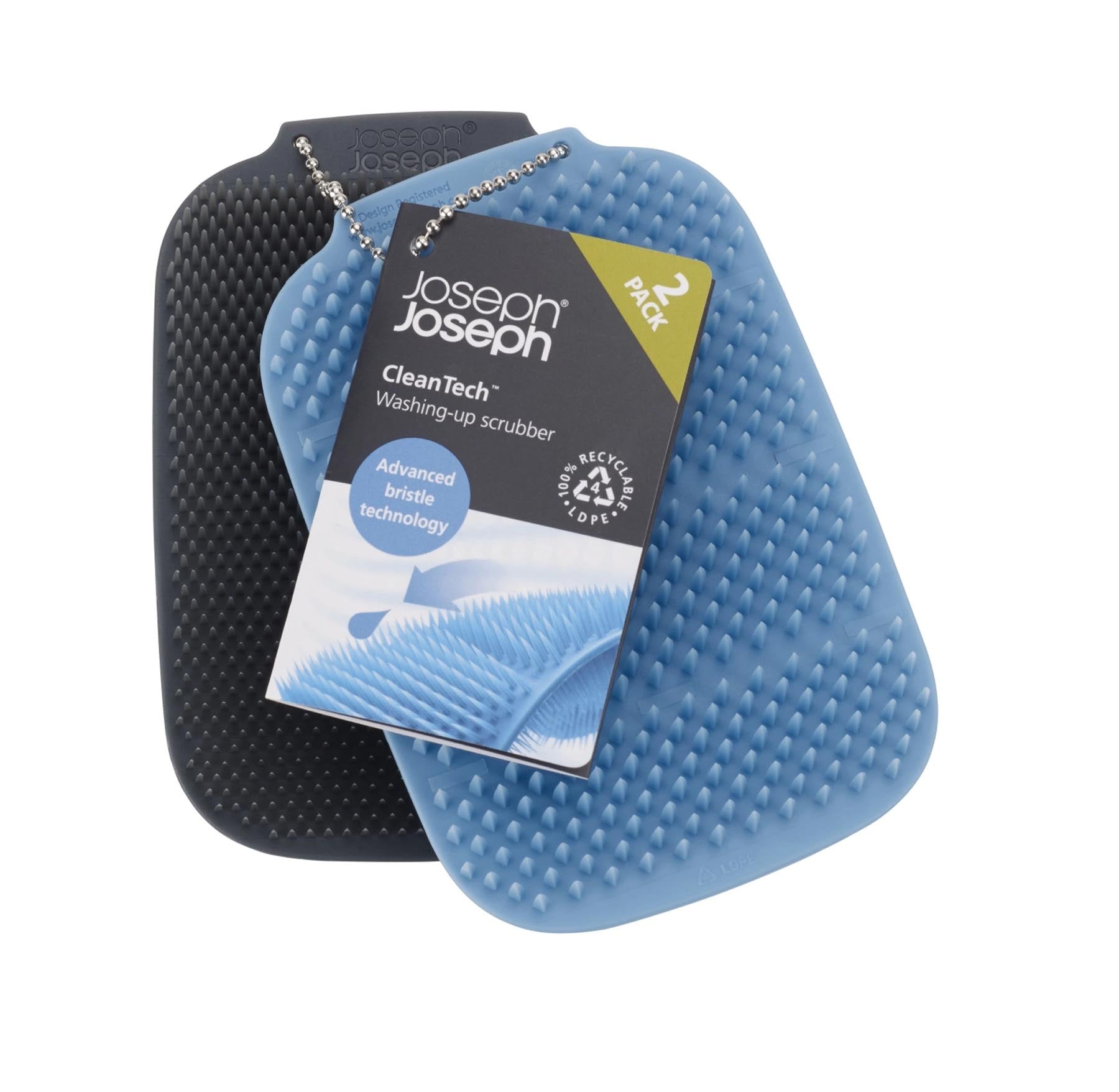 Stylisches 2er Set Spülbürsten in Blau und Grau von Joseph Joseph, perfekt für effektive Reinigung und hygienisches Spülen von Geschirr.