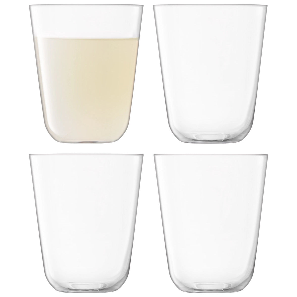 Vier transparente Trinkgläser der Arc Serie von LSA aus Kalknatronglas mit abgerundetem Boden und verjüngtem Profil, 380 ml Fassungsvermögen.