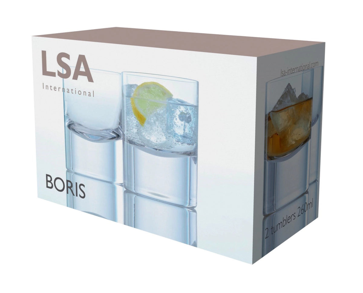 Zwei klare Whiskygläser aus Glas der Serie Boris von LSA, mit feinen Wänden und schwerem Boden, D 8cm x H 10.5cm.