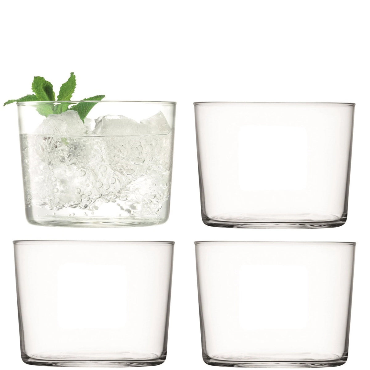Vier transparente Trinkgläser aus Glas im Gio Design von LSA, schlichte Form mit feinen Wänden, stapelbar, Durchmesser 8cm, Höhe 6.1cm