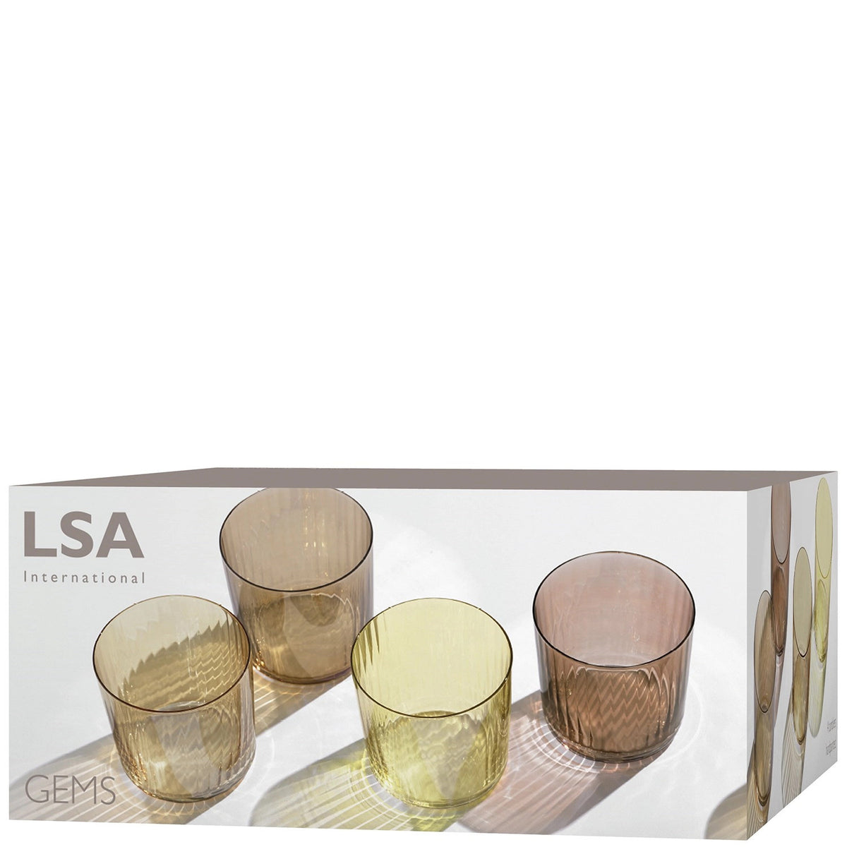 4er Set Gems Gobelet 310ml bernstein assort. von LSA: vier niedrige, geriffelte Trinkgläser aus Glas in transparenten Orange-Tönen, handbemalt.