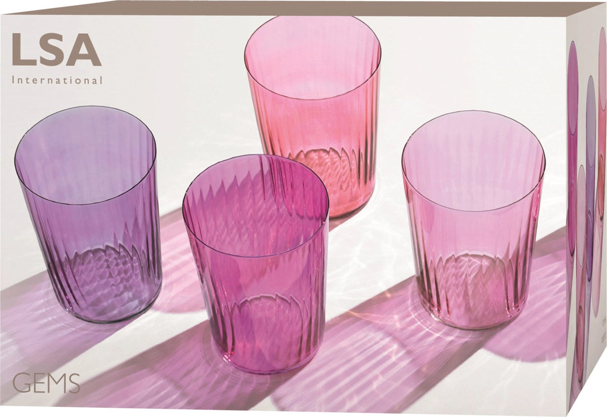 4er Set Gems Gobelet 560ml Granat von LSA: vier violette, handbemalte Trinkgläser aus Glas mit geriffelter Textur, 9 cm Durchmesser, 12 cm Höhe.