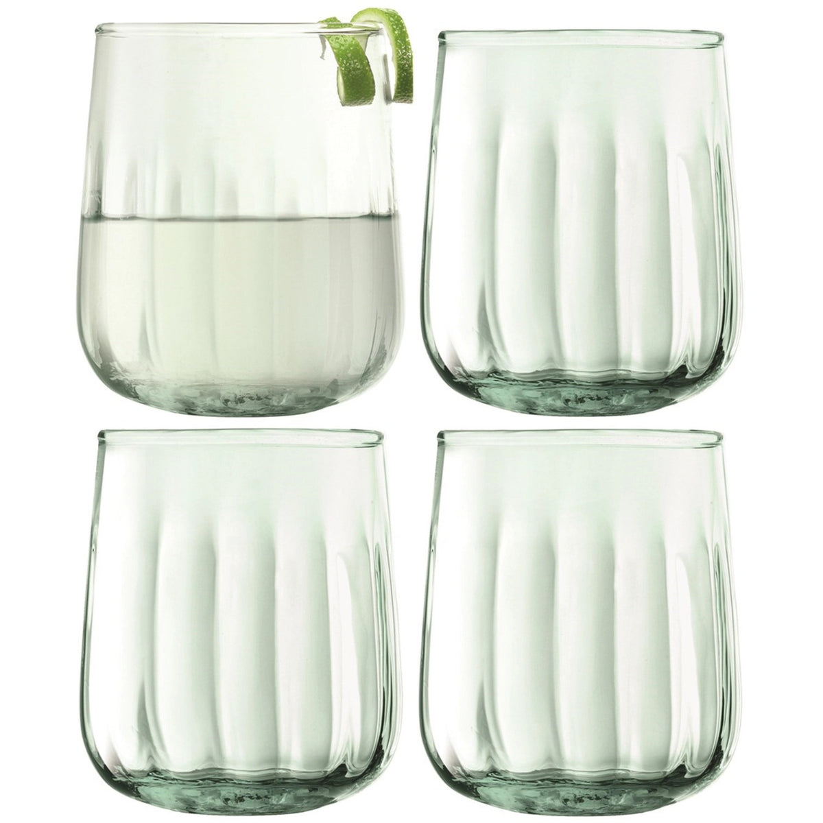 4er Set Mia Becher von LSA aus transparentem, mundgeblasenem Glas mit konischer Form und dezent geriffelter Textur, 410ml Fassungsvermögen.