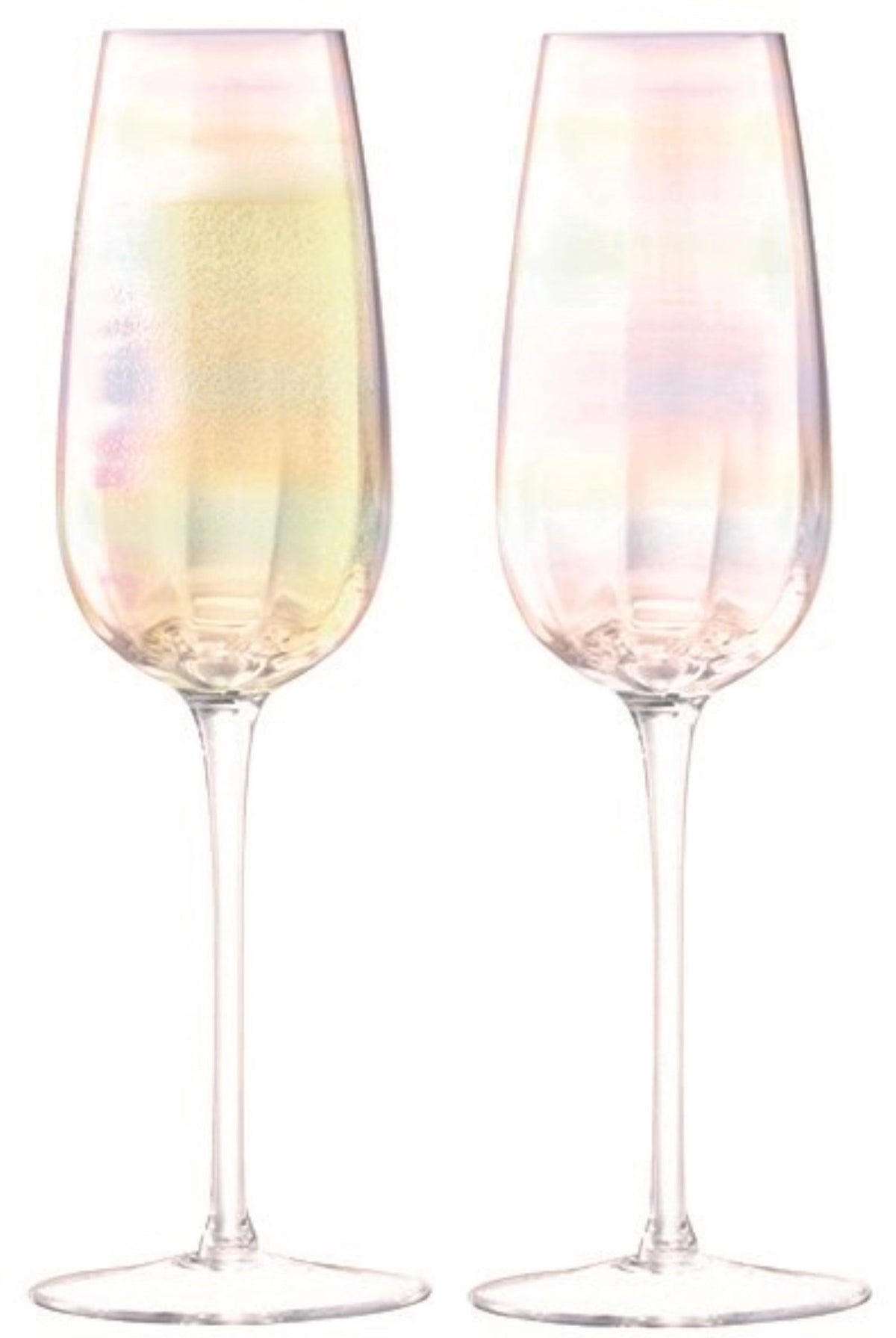 2er Set Pearl Sektkelch von LSA aus transparentem Glas mit perlmuttartiger Bemalung, schlanke Flötenform mit geriffelter Textur am Kelchboden.