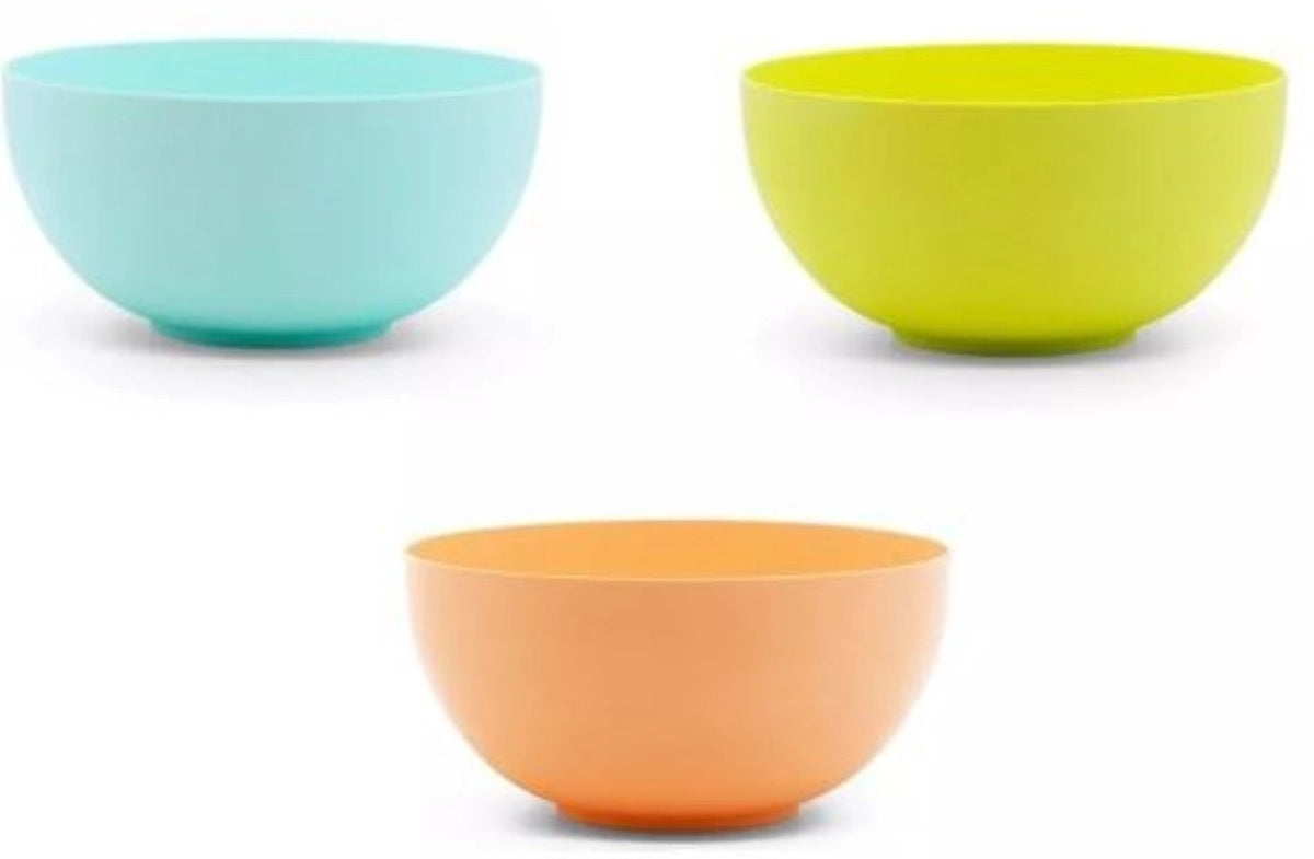 6er Set runde Schüsseln von Pebbly in den Farben grün, blau und peach, Durchmesser 23.5cm, Höhe 11.5cm, Fassungsvermögen 3.9 Liter pro Schale.