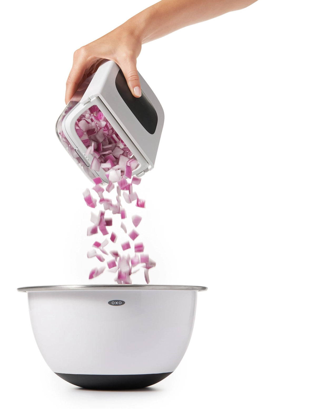 Gemüse-Zwiebelschneider, weiss in Transparent präsentiert im Onlineshop von KAQTU Design AG. Küchenhelfer ist von OXO