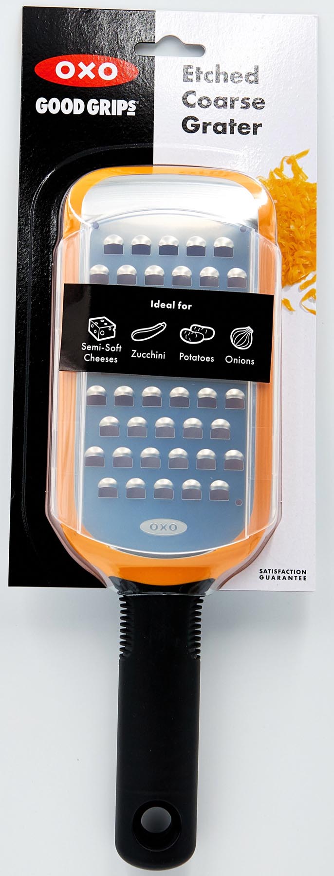 Robuste OXO Reibe in leuchtendem Orange, ideal für müheloses Reiben von Käse und Gemüse. Ein unverzichtbares Küchenwerkzeug für kreative Köche.