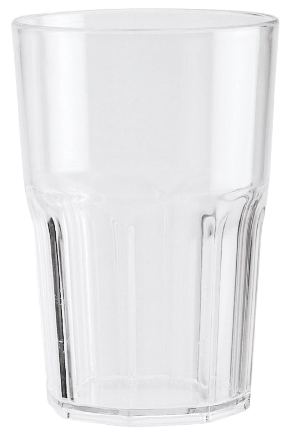 Transparenter American Becher 0.4lt aus Kunststoff SAN von Piazza, zylindrische Form, Masse 5x5x18 cm, auf neutralem Hintergrund fotografiert.