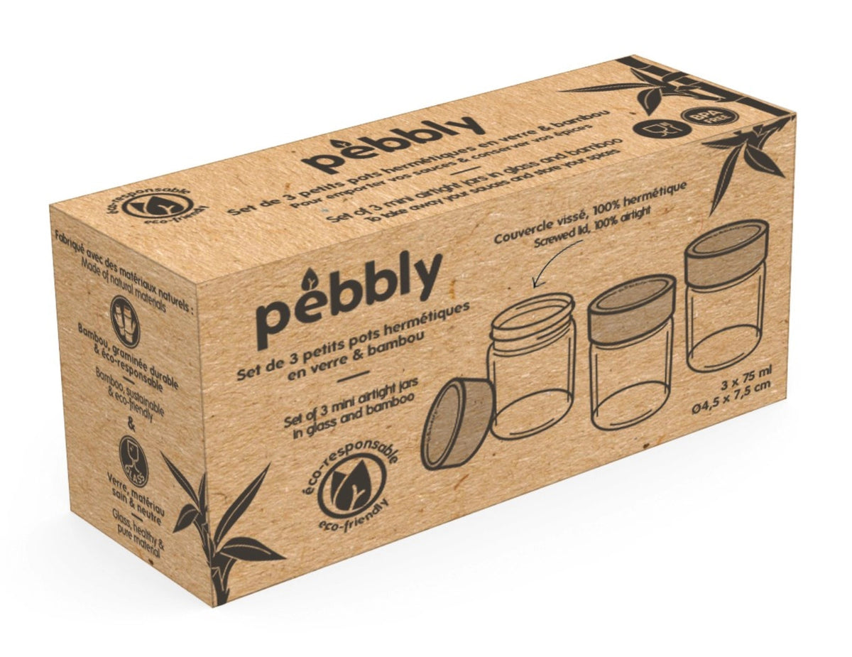 3er Set Pebbly Vorratsglas mit Bambusdeckel 75ml in Braun präsentiert im Onlineshop von KAQTU Design AG. Aufbewahrungsdose ist von Pebbly