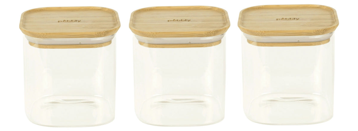 3er Set Pebbly Vorratsglas mit Bambusd., stapelbar, 11x11x11 in Braun präsentiert im Onlineshop von KAQTU Design AG. Aufbewahrungsdose ist von Pebbly