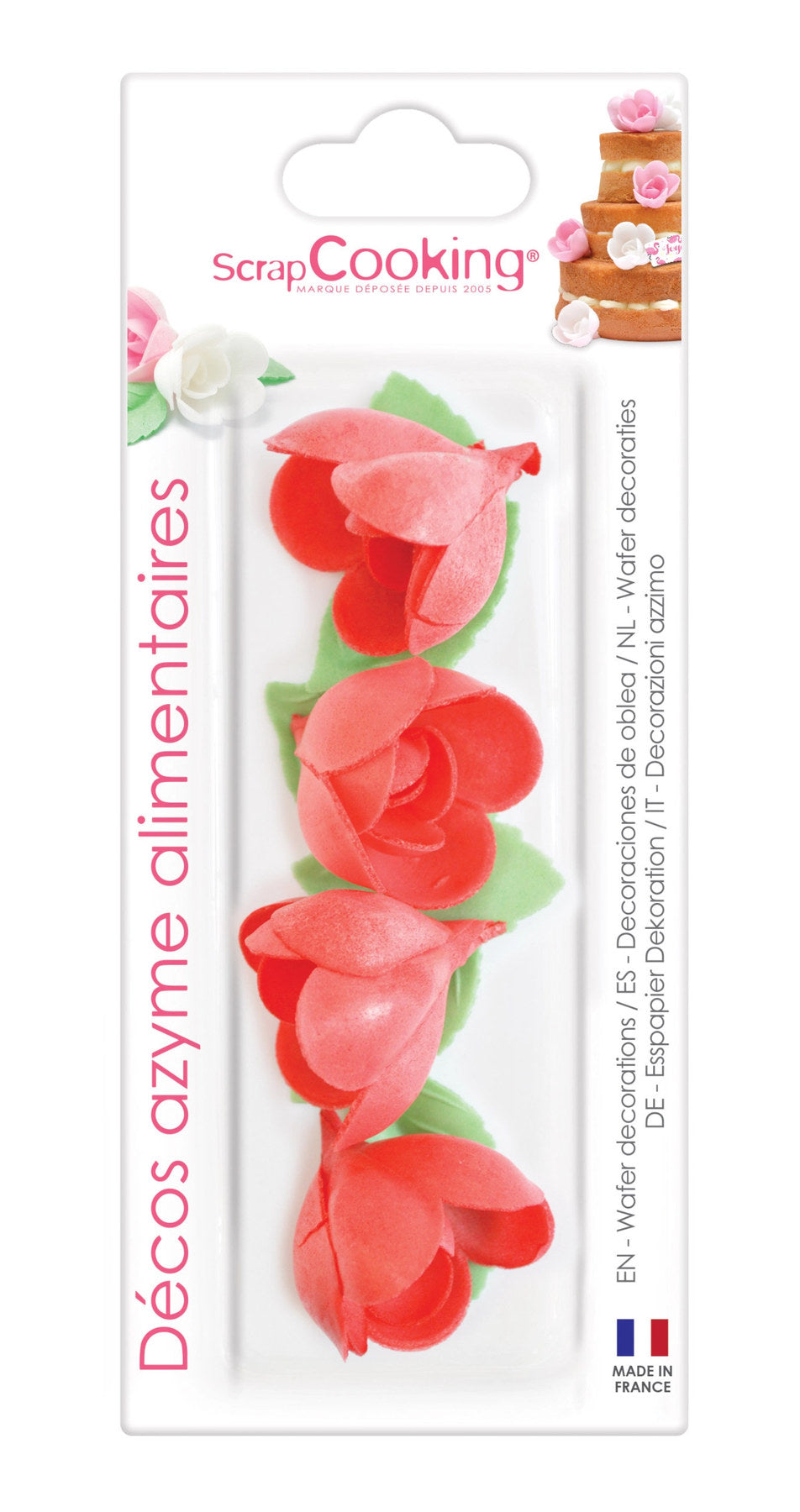 Rote Rosen und grüne Blätter aus Wafer als essbare Backdeko von Scrap Cooking