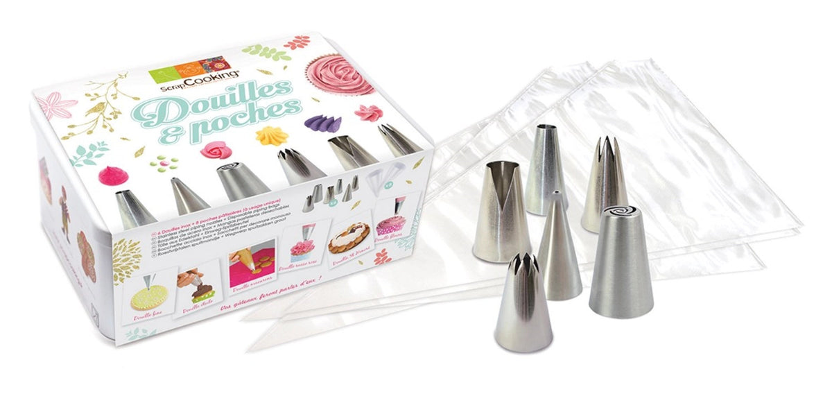 Set Edelstahltüllen 6 Stk.u. Beutel 8 Stk. in Silber präsentiert im Onlineshop von KAQTU Design AG. Backutensilien ist von Scrap Cooking
