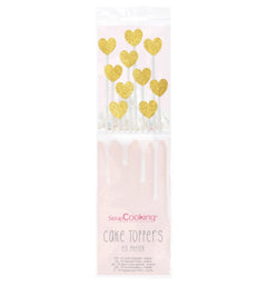Set of 10 cake toppers golden hearts