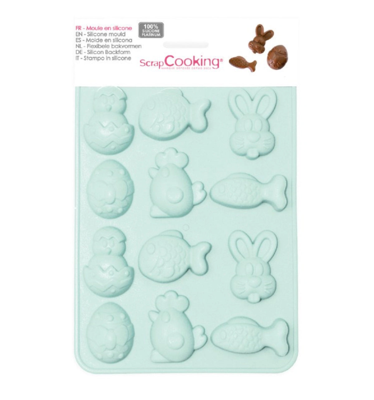 Silikonbackform Ostern mit Hase, Ei, Küken, Fisch in Blau präsentiert im Onlineshop von KAQTU Design AG. Backform / Backblech ist von Scrap Cooking