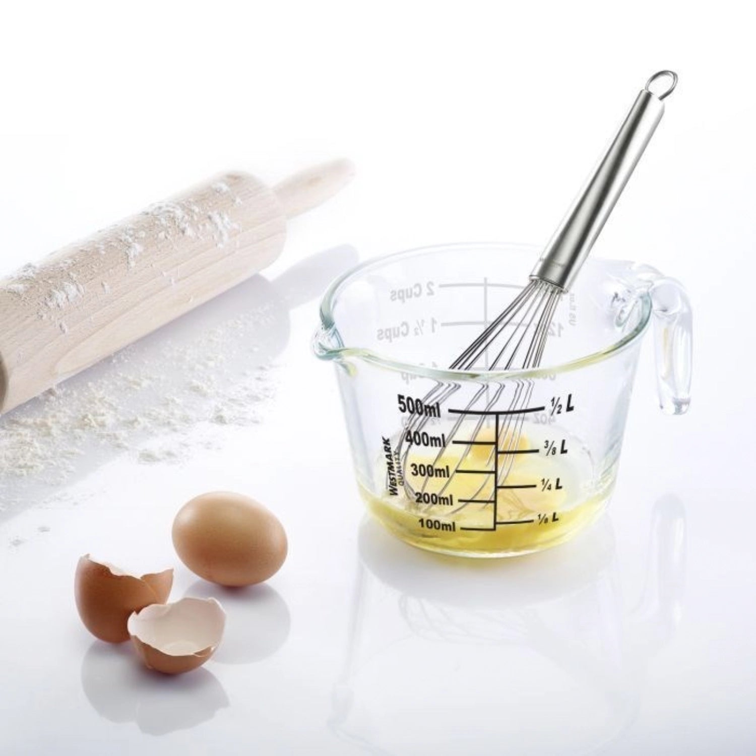 Transparente Messkanne aus Borosilikatglas mit einem Fassungsvermögen von 0,5 l, ideal für präzises Messen und Kochen, von Westmark.