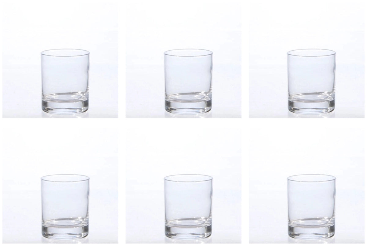 6er Set Whiskybecher Islande von Maison Truffe aus transparentem Glas mit weissem Filet-Rand, 30cl Fassungsvermögen, auf hellem Hintergrund.