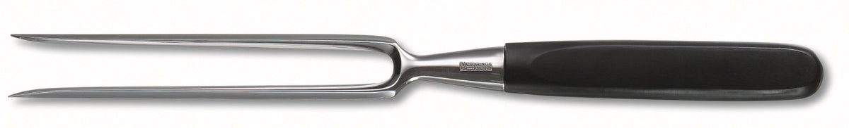 Schwarze Tranchiergabel Swiss Classic von Victorinox, 18cm lang, mit zwei Zinken und durchgehend schwarzem Griff, Buffetbesteck aus Metall.