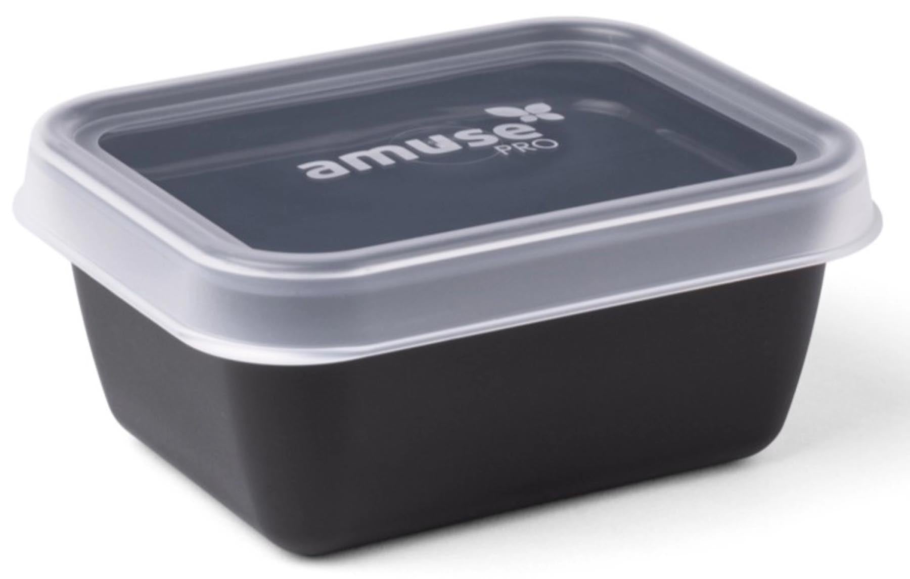 Schwarze rechteckige Mehrwegschale S von Amuse mit 400ml Volumen, ideal für Lunch und Snacks, stilvolles Design für unterwegs.