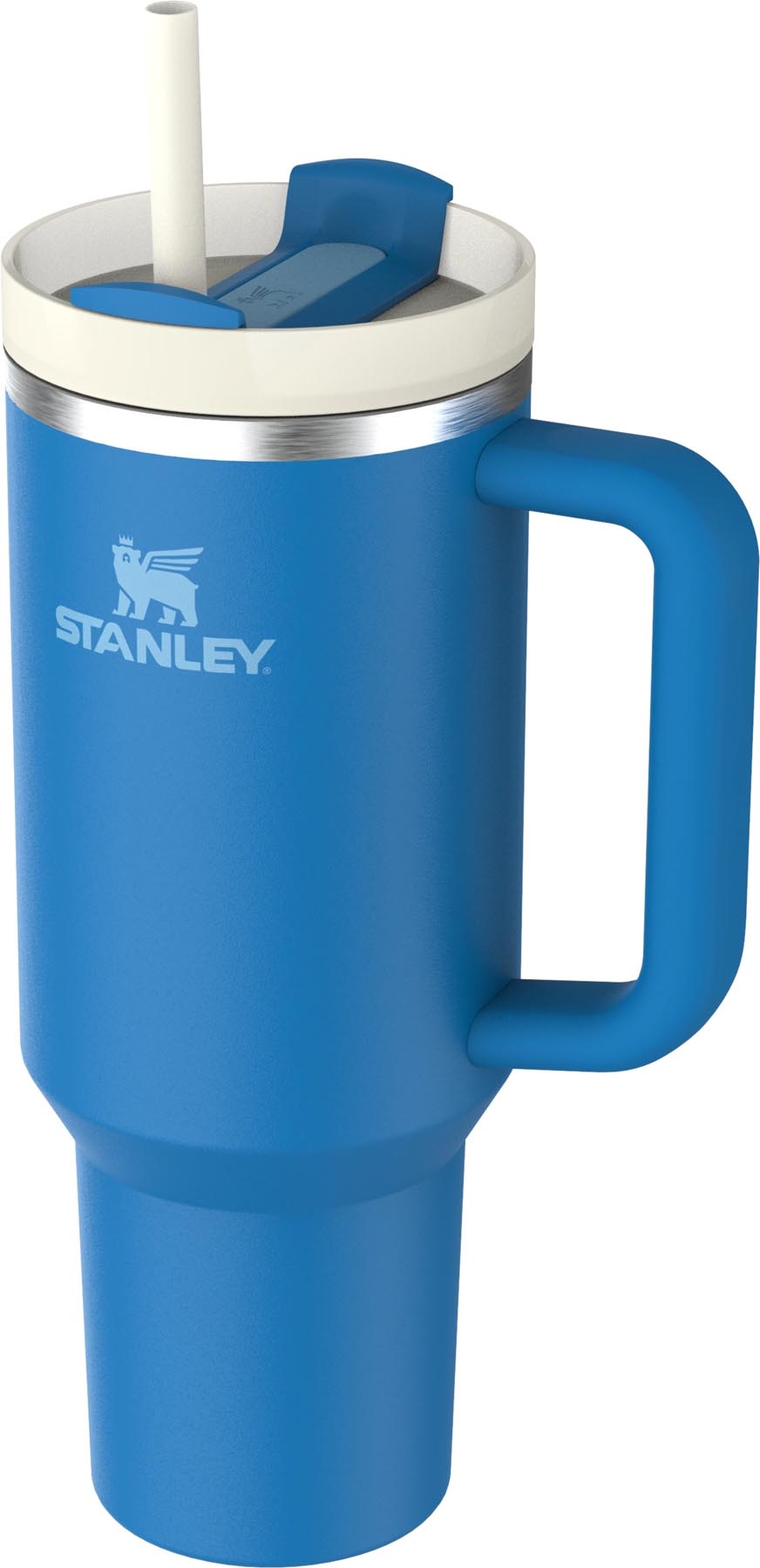 Stylische Thermosflasche Quencher FlowState 1.18l in strahlendem Azurblau von Stanley, ideal für kalte und heiße Getränke unterwegs.