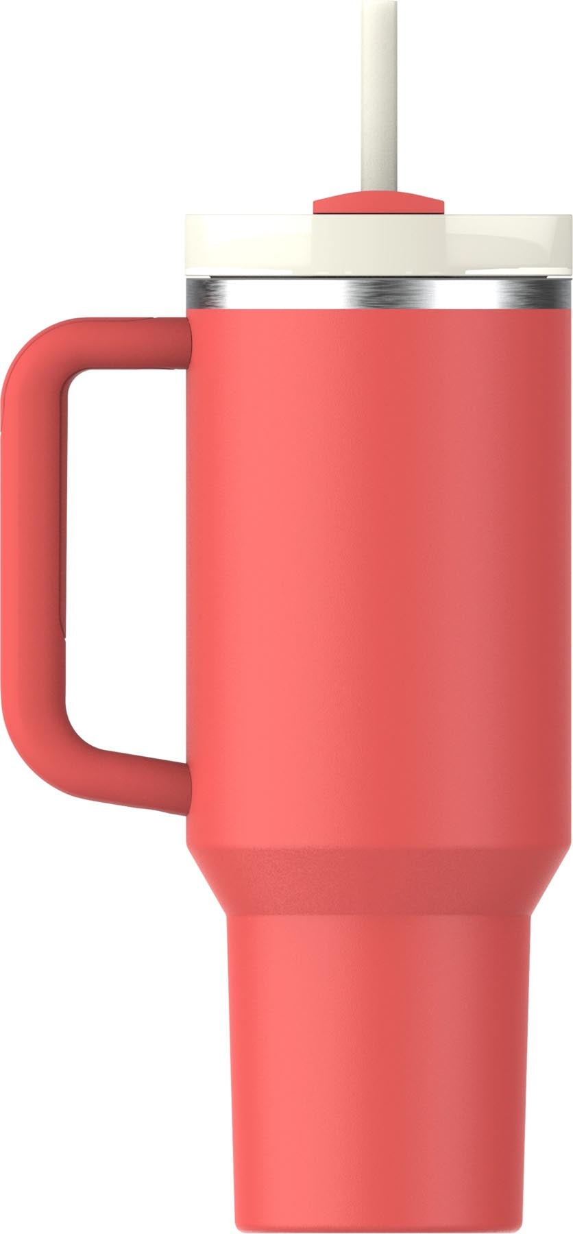 Moderne Stanley Quencher FlowState Thermosflasche in leuchtendem Hot Coral, ideal für aktive Lebensstile und optimale Temperaturkontrolle.