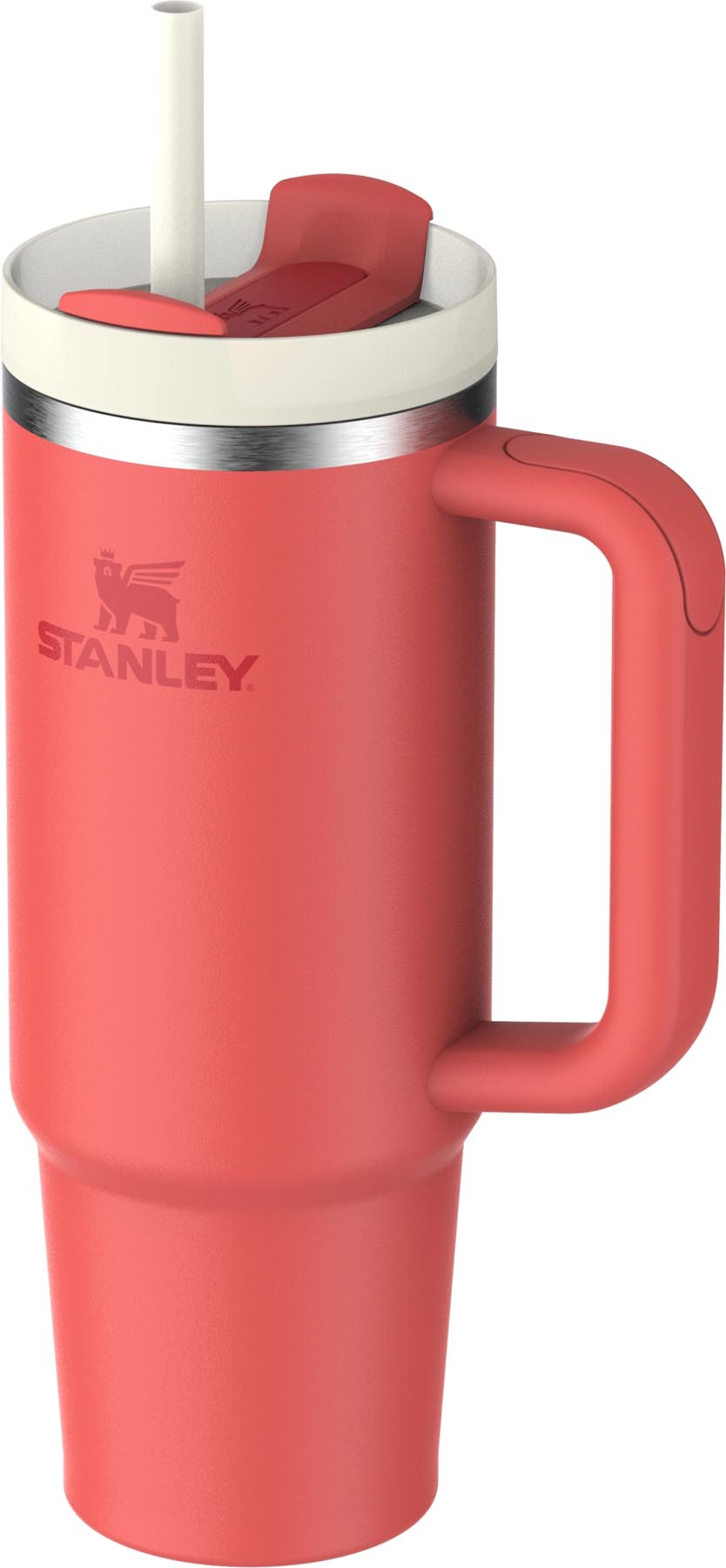 Stylische Thermosflasche Quencher FlowState 0.89l in leuchtendem Hot Coral von Stanley, ideal für heiße und kalte Getränke.