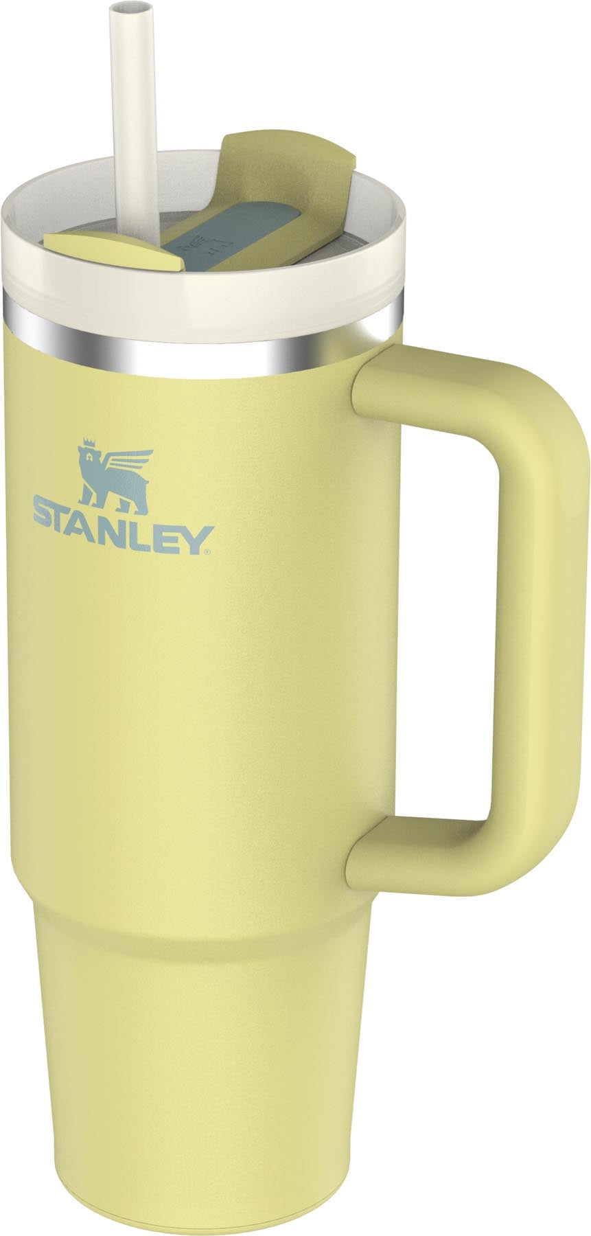 Stylische Stanley Thermosflasche Quencher FlowState 0.89l in leuchtendem Pomelo-Gelb, ideal für kalte und heiße Getränke unterwegs.