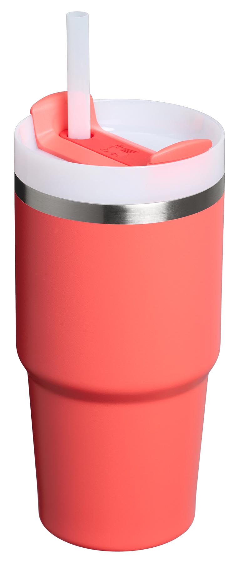 Stylische Thermosflasche Quencher FlowState 0.6l in leuchtendem Hot Coral von Stanley, ideal für heiße und kalte Getränke.