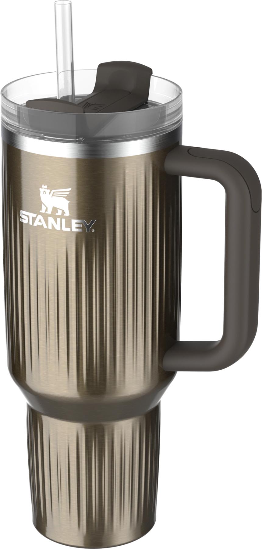 Elegante Stanley Thermosflasche Quencher Fluted 1.18l in Gunmetal Shine, ideal für kalte und heiße Getränke, stilvoll und funktional.