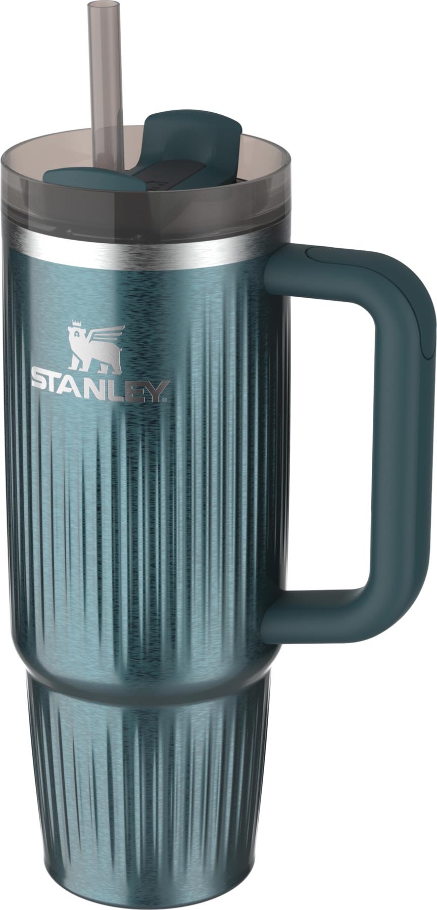 Elegante Thermosflasche Quencher Fluted 0.89l in strahlendem Marina Shine Blau von Stanley, ideal für kalte und heiße Getränke.