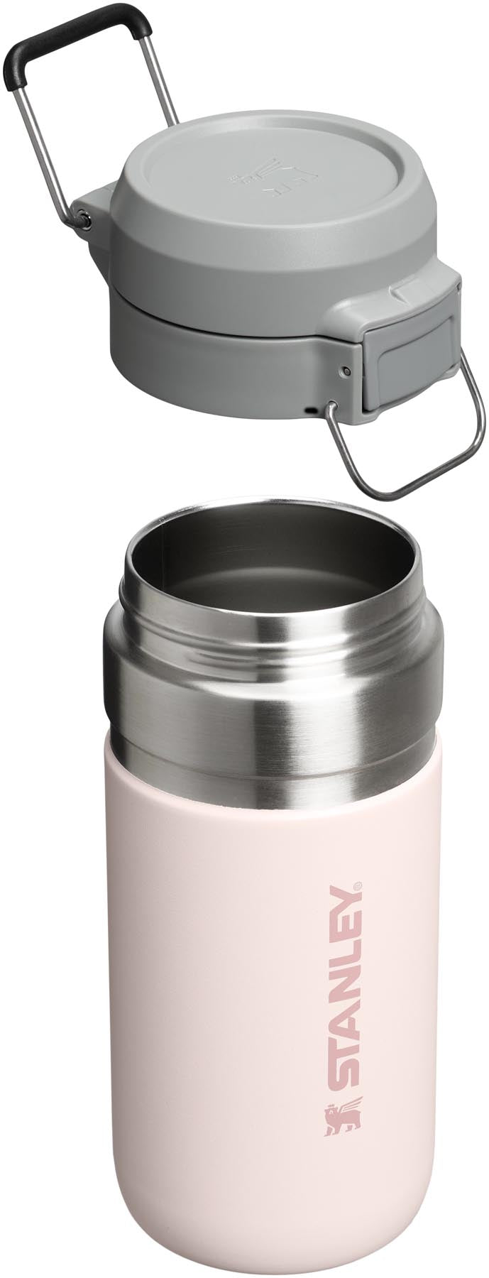 Elegante Stanley Thermosflasche in sanftem Rose Quartz (0.47l) mit praktischem Quick-Flip-Deckel, perfekt für aktive Lebensstile.
